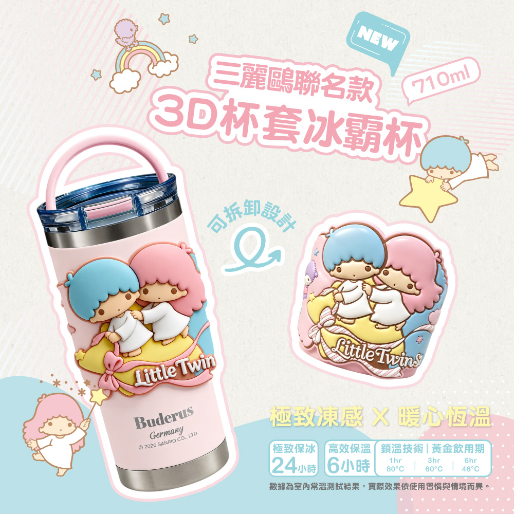 NEW三麗鷗聯名款710ml3D杯套冰霸杯拆卸Little TwinBuderusGermany 2026 SANRIO CO, Little Twins極致凍感暖恆溫極致保冰 高效保溫鎖溫技術|黃金飲用期24小時 6小時1hr3hr6hr80°C60°C46°C數據為室內常溫測試結果,實際效果依使用習慣與情境而異。