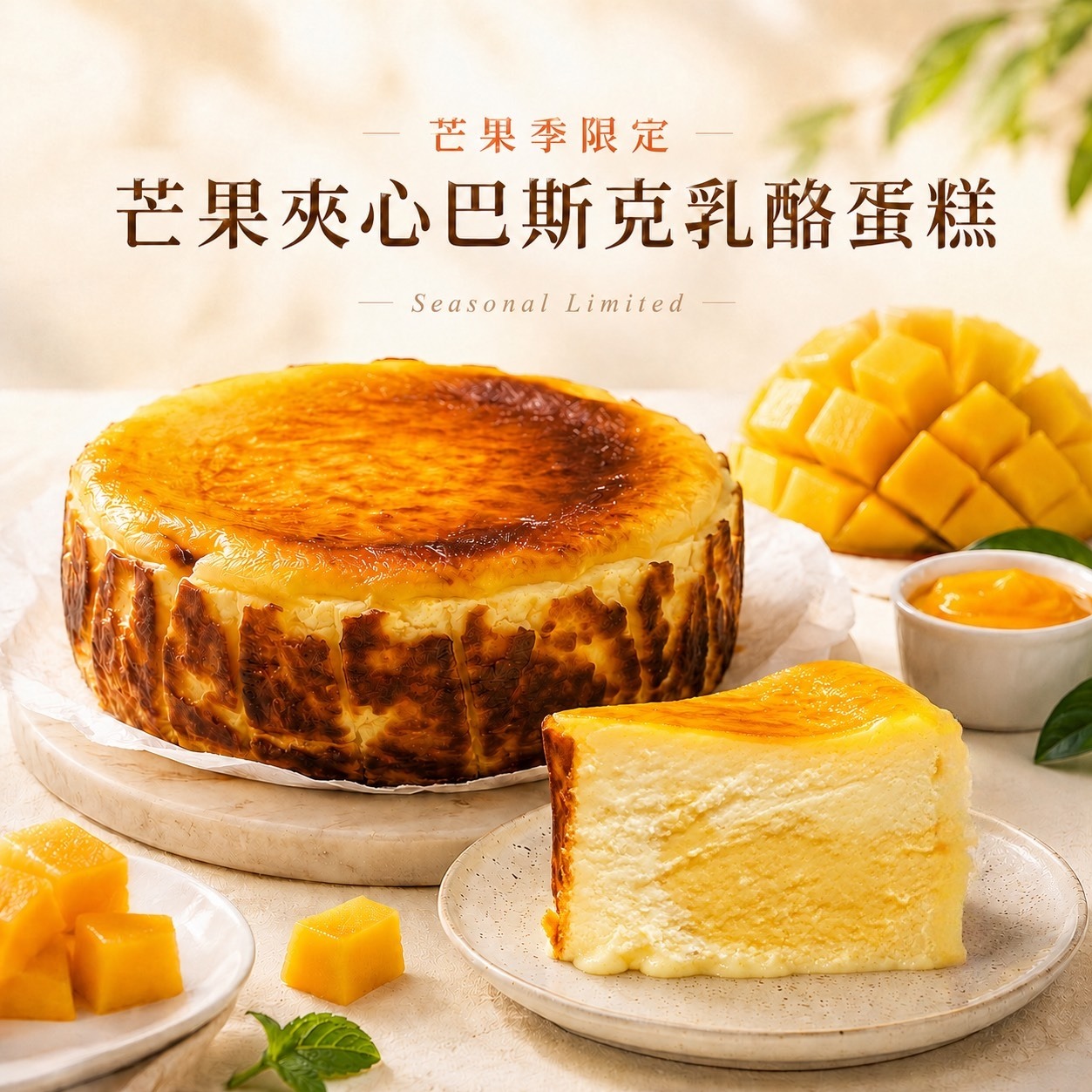 【D醣一刻】無精緻澱粉 芒果巴斯克乳酪蛋糕4吋（260g/個）加59元享星座香氛蠟燭 芒果季
