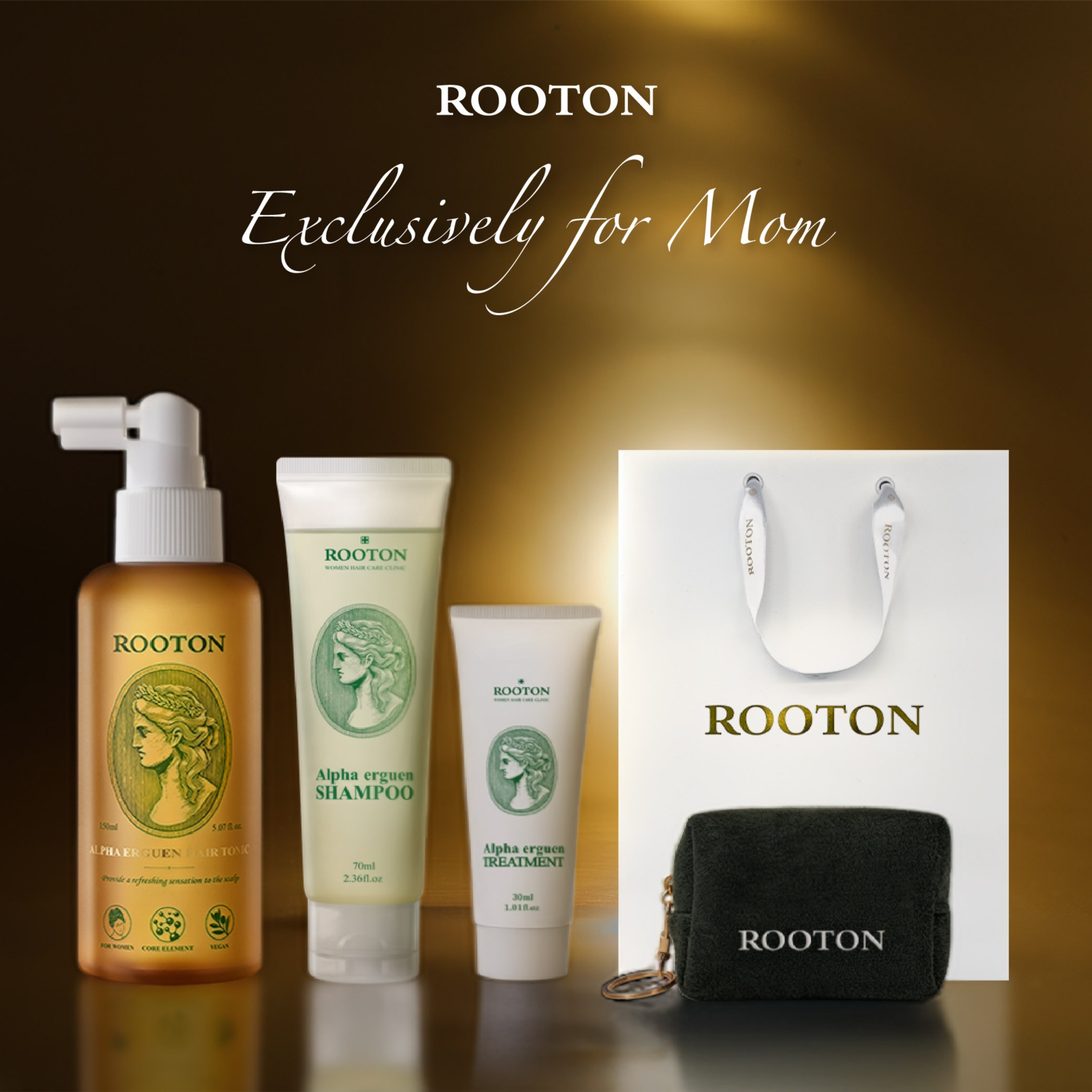 快速出貨【ROOTON】感謝媽媽🌷甦活植萃髮根噴霧150ml+甦活植萃洗髮精70ml+甦活植萃護髮素30ml+品牌化妝包掛件+燙金禮袋 ...