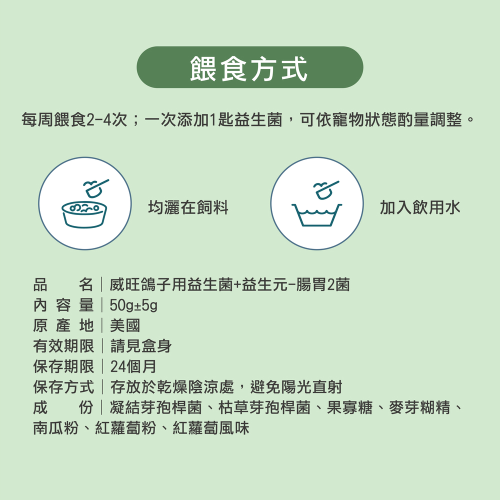 鴿子專用益生菌+益生元 - 腸胃2菌配方 50g/罐( 鴿子專用腸道基礎保養 )