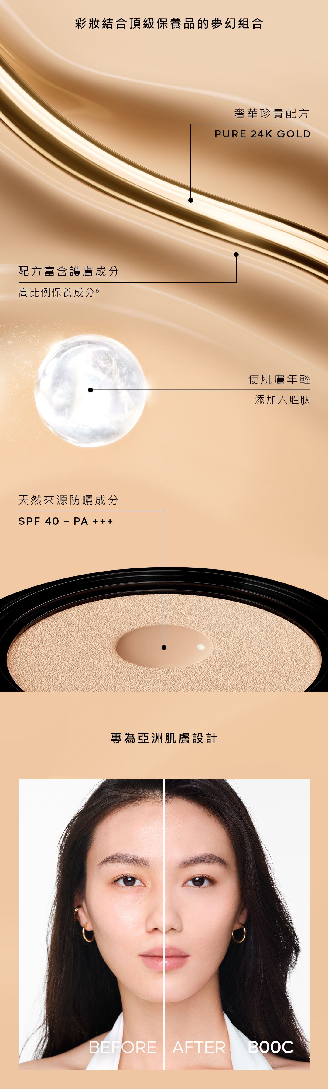 24K純金絲光氣墊粉餅 24K純金光雙面粒子 蘊藏護膚成分 防曬成分 SPF40 PA+++ 專為亞洲肌膚設計