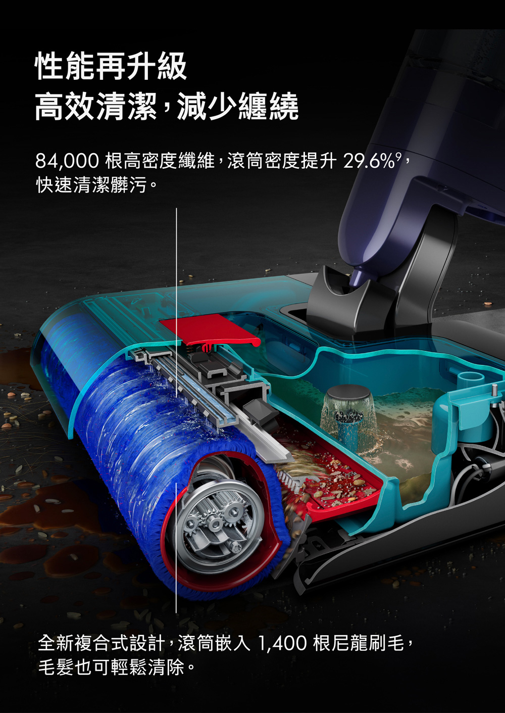 性能再升級高效清潔,減少纏繞84,000 根高密度纖維,滾筒密度提升29.6%,快速清潔髒污。全新複合式設計,滾筒嵌入1,400根尼龍刷毛,毛髮也可輕鬆清除。