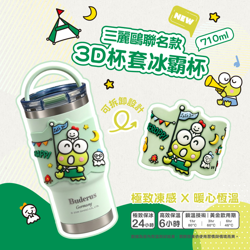 APPNEW三麗鷗聯名款710ml杯套冰霸杯 Lets BuderusGermany2026 SANRIO  LTD極致凍感  暖心恆溫極致保冰 高效保溫 鎖溫技術|黃金飲用期24小時 6小時1hr80°3hr60°C46°C6hr數據為室內常溫測試結果,實際效果依使用習慣與情境而異。