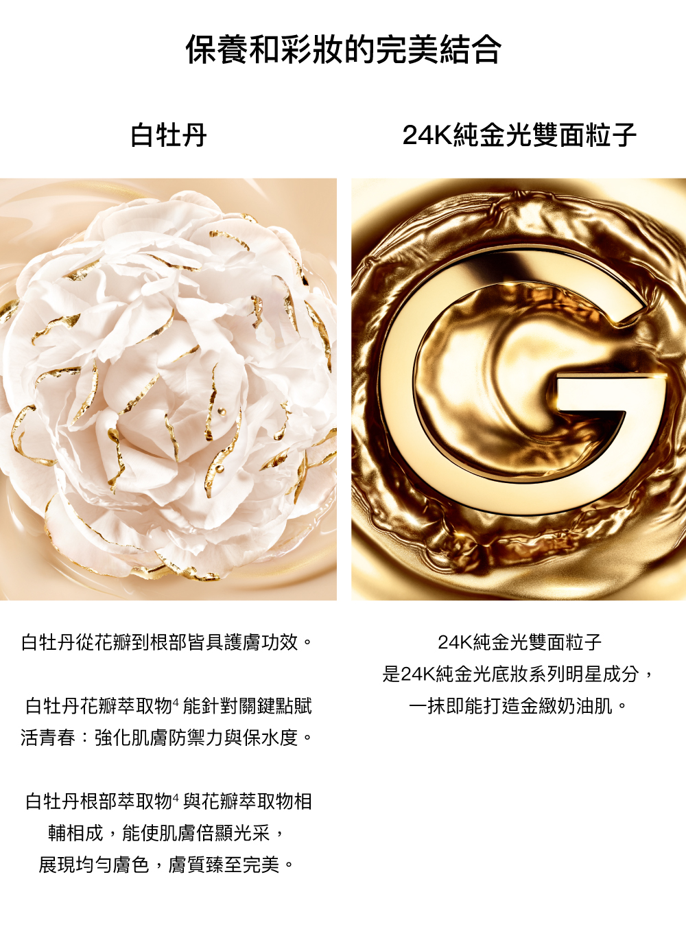 24K純金光雙面粒子,白牡丹萃取,肌膚防禦,保濕,金緻奶油肌