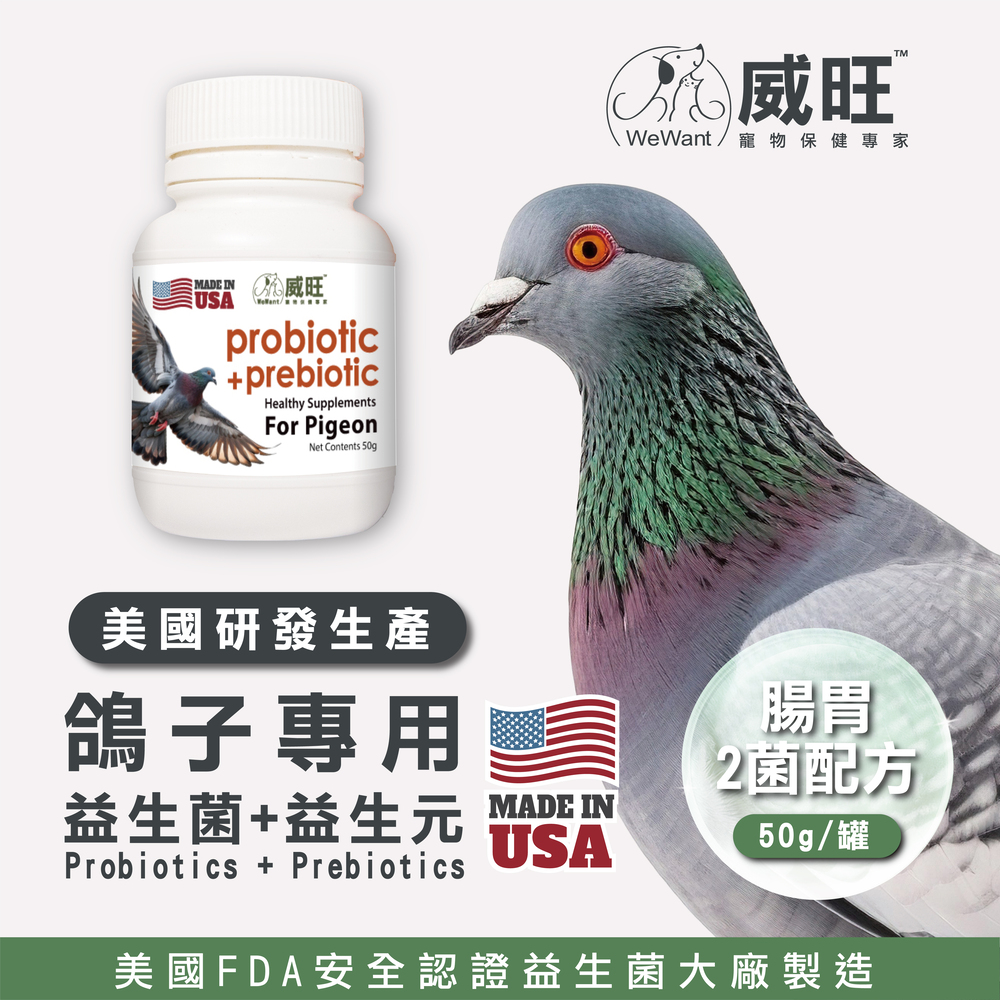 鴿子專用益生菌+益生元 - 腸胃2菌配方 50g/罐( 鴿子專用腸道基礎保養 )