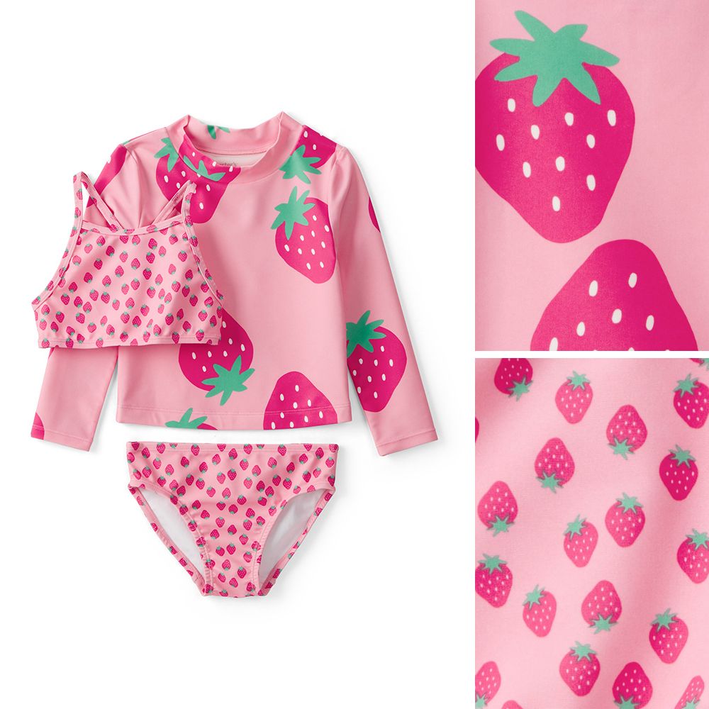 亮眼草莓印花設計，三件式組合靈活變換穿搭，高彈性材質舒適好活動，女童夏日玩水必備。