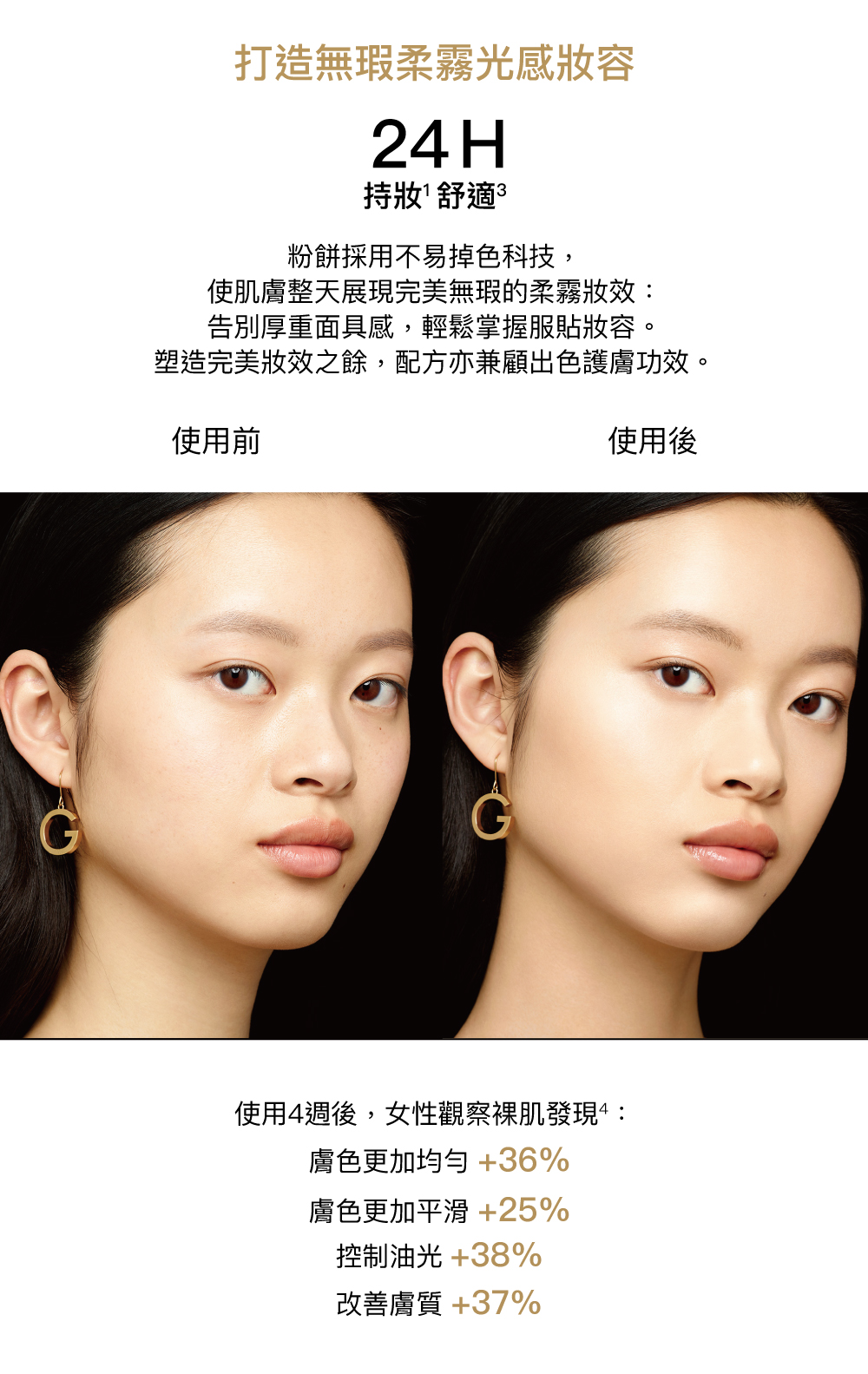 無瑕柔霧光感妝容,24H持妝,不易掉色科技,服貼妝容,控制油光