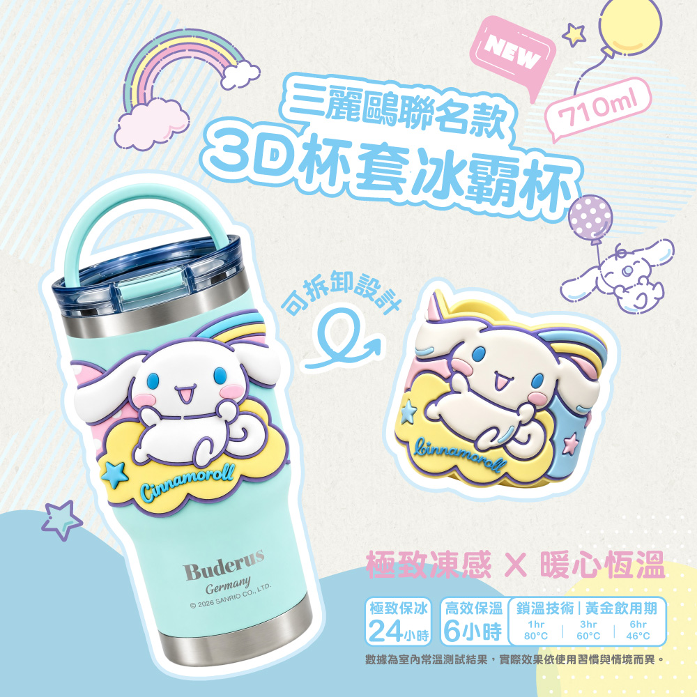 NEW三麗鷗聯名款710ml杯套冰霸杯設計拆卸BuderusGermany 2026 SANRIO CO LTD極致凍感 暖心恆溫極致保冰 高效保溫鎖溫技術|黃金飲用期6hr24小時 6小時1hr3hr80°C60°C46°C數據為室內常溫測試結果,實際效果依使用習慣與情境而異。