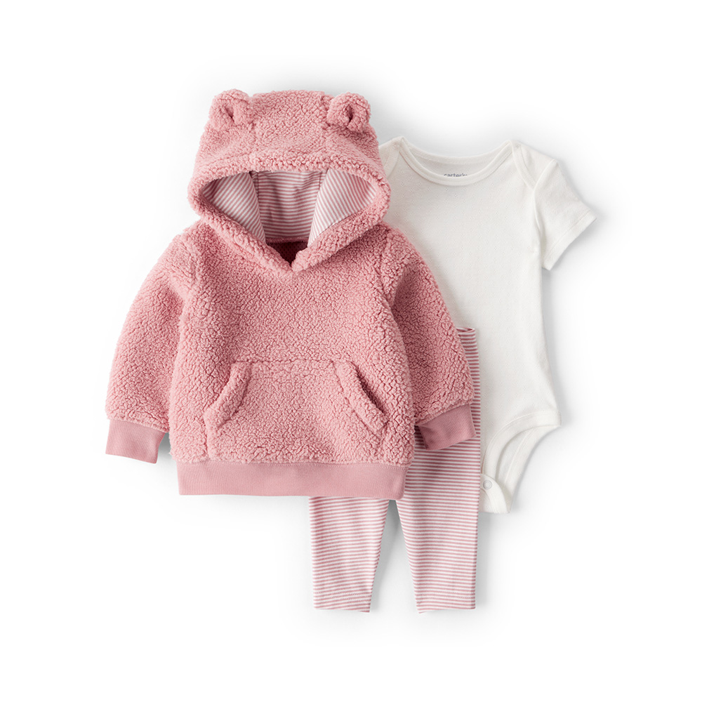 暖萌小熊造型設計，三件組靈活層次穿搭，柔軟刷毛材質冬日保暖首選。