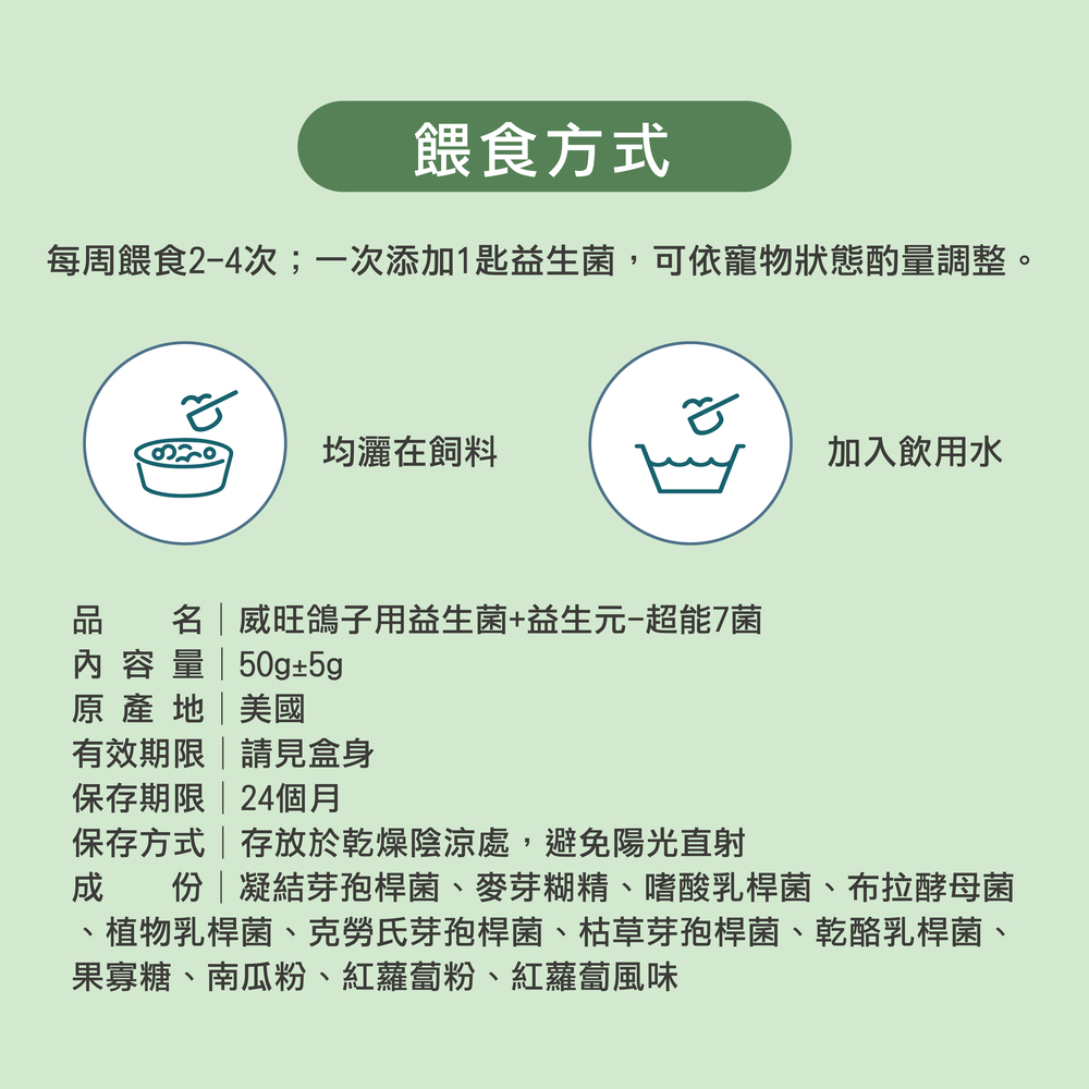 幫助鴿子腸胃健康，專業配方的益生菌，鴿子日常保健