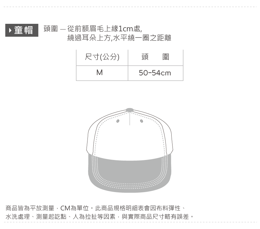 童帽 頭圍從前額眉毛上緣1cm處繞過耳朵上方,水平繞一圈之距離尺寸(公分) 頭 圍M50-54cm商品皆為平放測量,CM為單位。此商品規格明細表會因布料彈性、水洗處理、測量起訖點、人為拉扯等因素,與實際商品尺寸略有誤差。