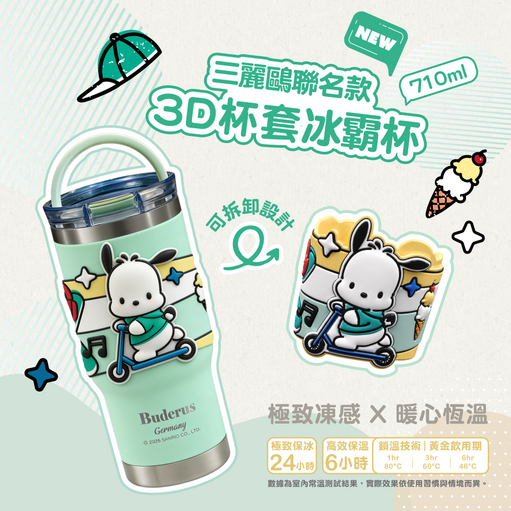 NEW三麗鷗聯名款710ml杯套冰杯拆卸BuderusGermany2026 SANRIO  LTD極致凍感  暖心恆溫極致保冰 高效保溫鎖溫技術|黃金飲用期24小時 6小時1hr3hr6hr80°C60°C46°C數據為室內常溫測試結果,實際效果依使用習慣與情境而異。