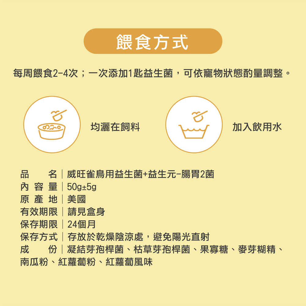 雀鳥專用益生菌+益生元 - 腸胃2菌配方 50g/罐( 雀鳥專用腸道基礎保養 )