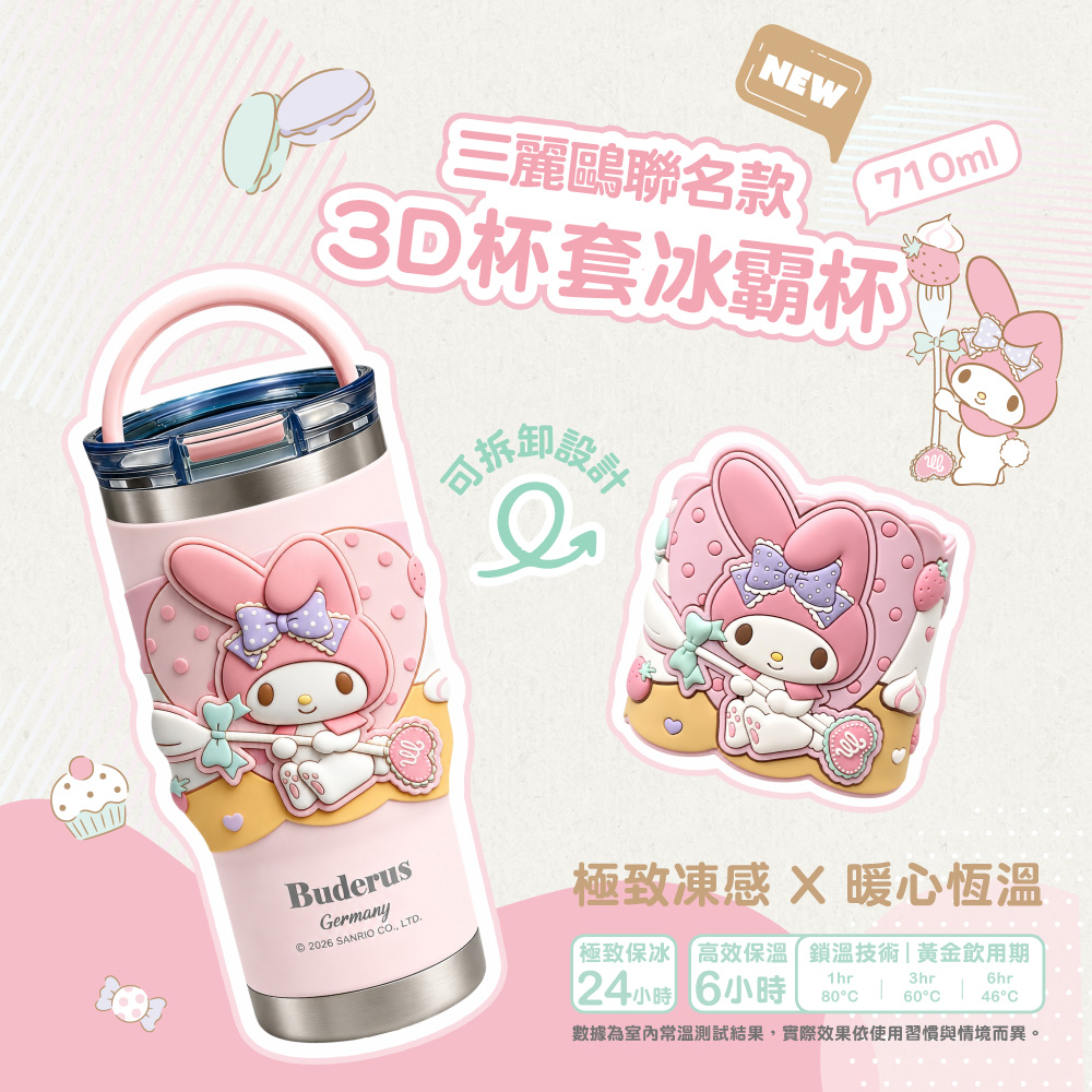 NEW三麗鷗聯名款710ml3D杯套冰霸杯BuderusGermany 2026 SANRIO CO LTD極致凍感  暖心恆溫極致保冰 高效保溫鎖溫技術|黃金飲用期24小時 6小時1hr3hr6hr80°C60°C46°C數據為室內常溫測試結果,實際效果依使用習慣與情境而異。