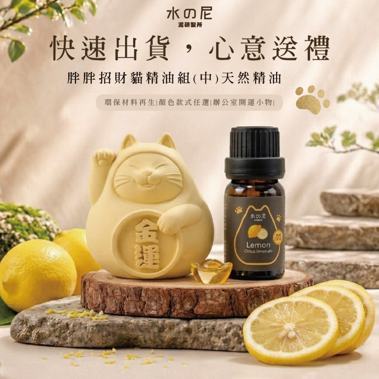 【快速出貨】胖胖招財貓(中)招財黃金運X精油組