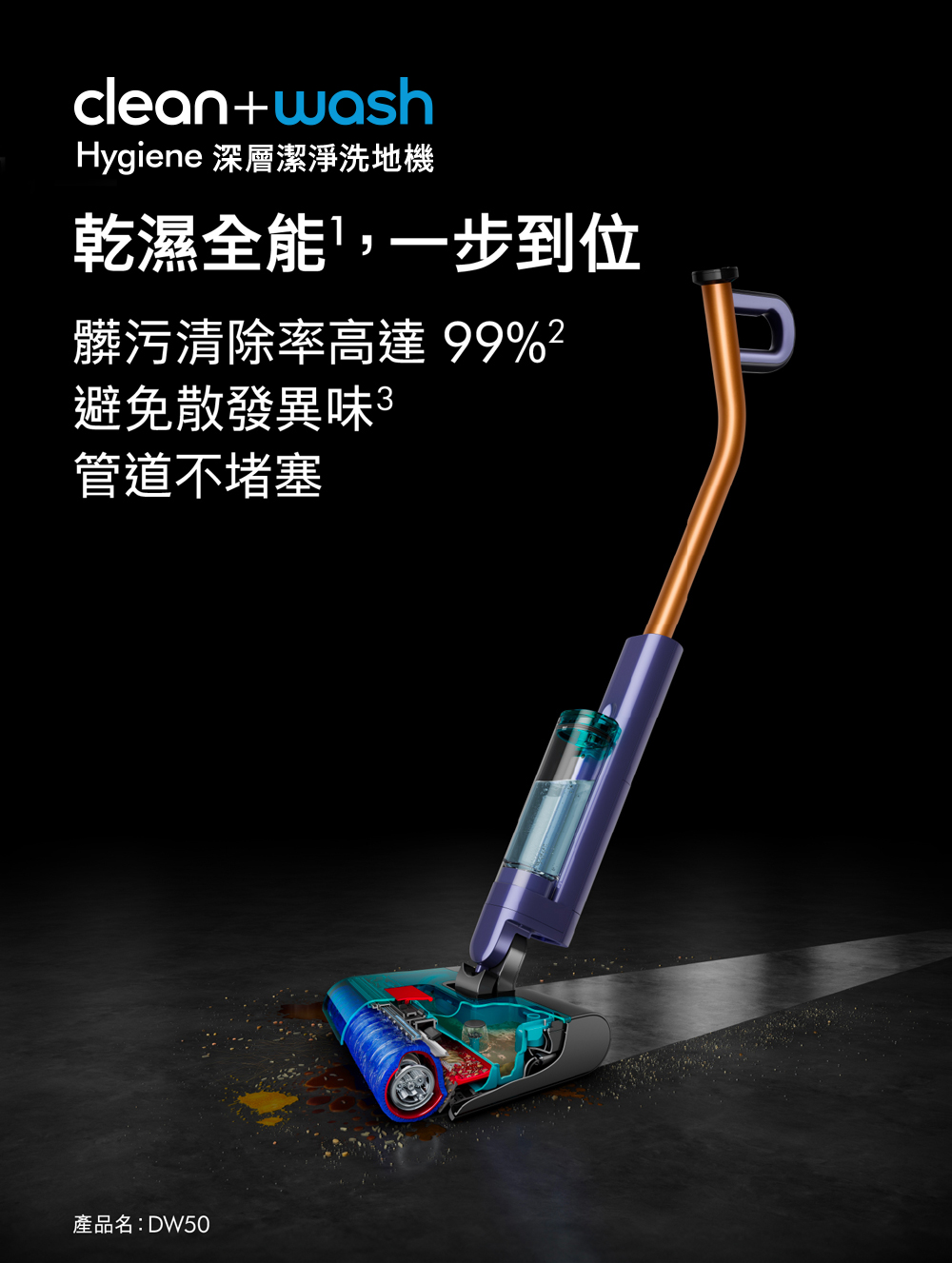 clean+washHygiene 深層潔淨洗地機乾濕全能,一步到位髒污清除率高達99%避免散發異味管道堵塞產品名:DW50