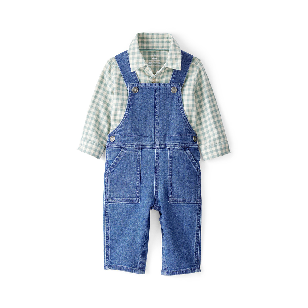 Carter's 嬰童格紋襯衫與丹寧吊帶褲日常休閒套裝