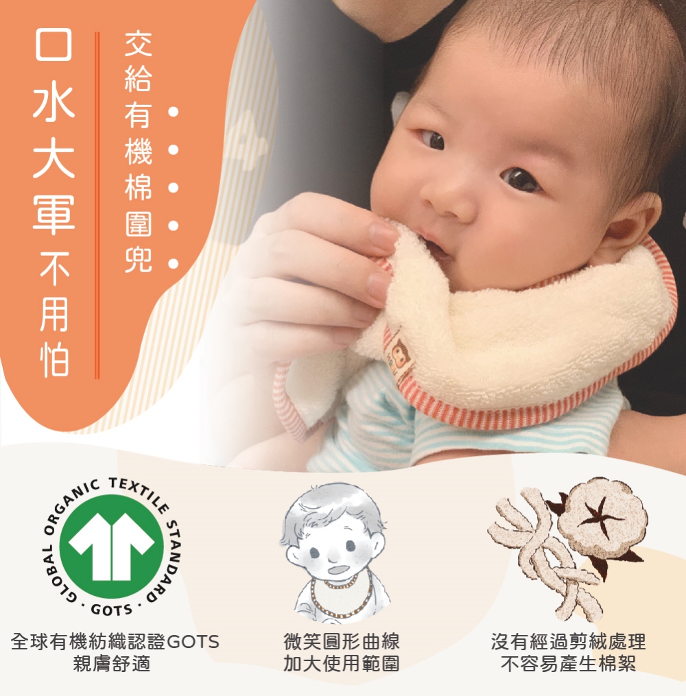 【喜福HiBOU】超人氣の口水怪寶寶救星．有機棉強力吸水口水巾圍兜-4件組好替換