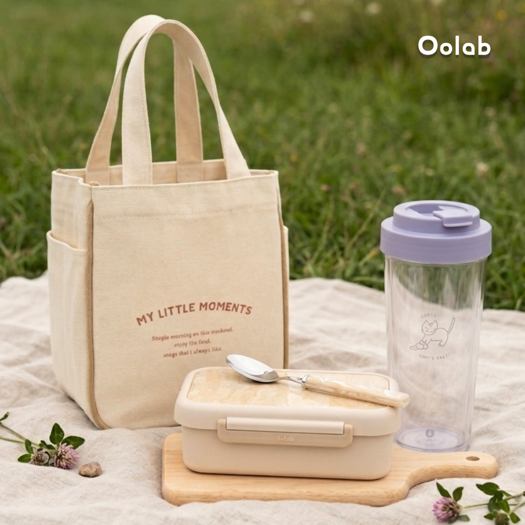 【Oolab良杯製所】🌻環保夢幻組-和朋友一起愛護地球禮｜750ml陪伴雙層杯＋彩璃系列幻饗盒＋⼩時光美好假期提袋 (幻饗餐匙-水玉奶茶色)🚗快速出貨