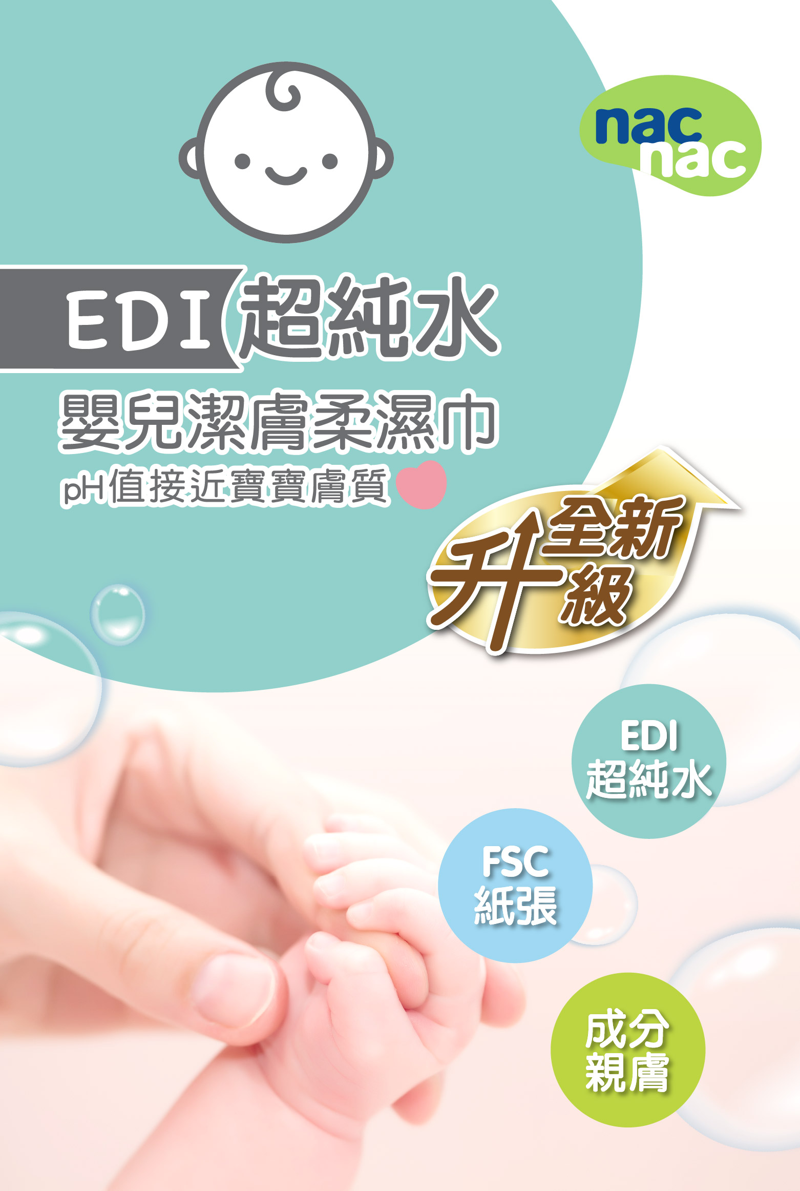 nac nac EDI嬰兒潔膚柔濕巾箱購組商品形象圖，畫面包含一箱24包附蓋濕巾與媽媽替寶寶擦拭的情境，並於畫面中強調敏感肌適用、EDI超純水、無酒精無刺激、好抽不連抽、台灣製造與SGS檢驗資訊。