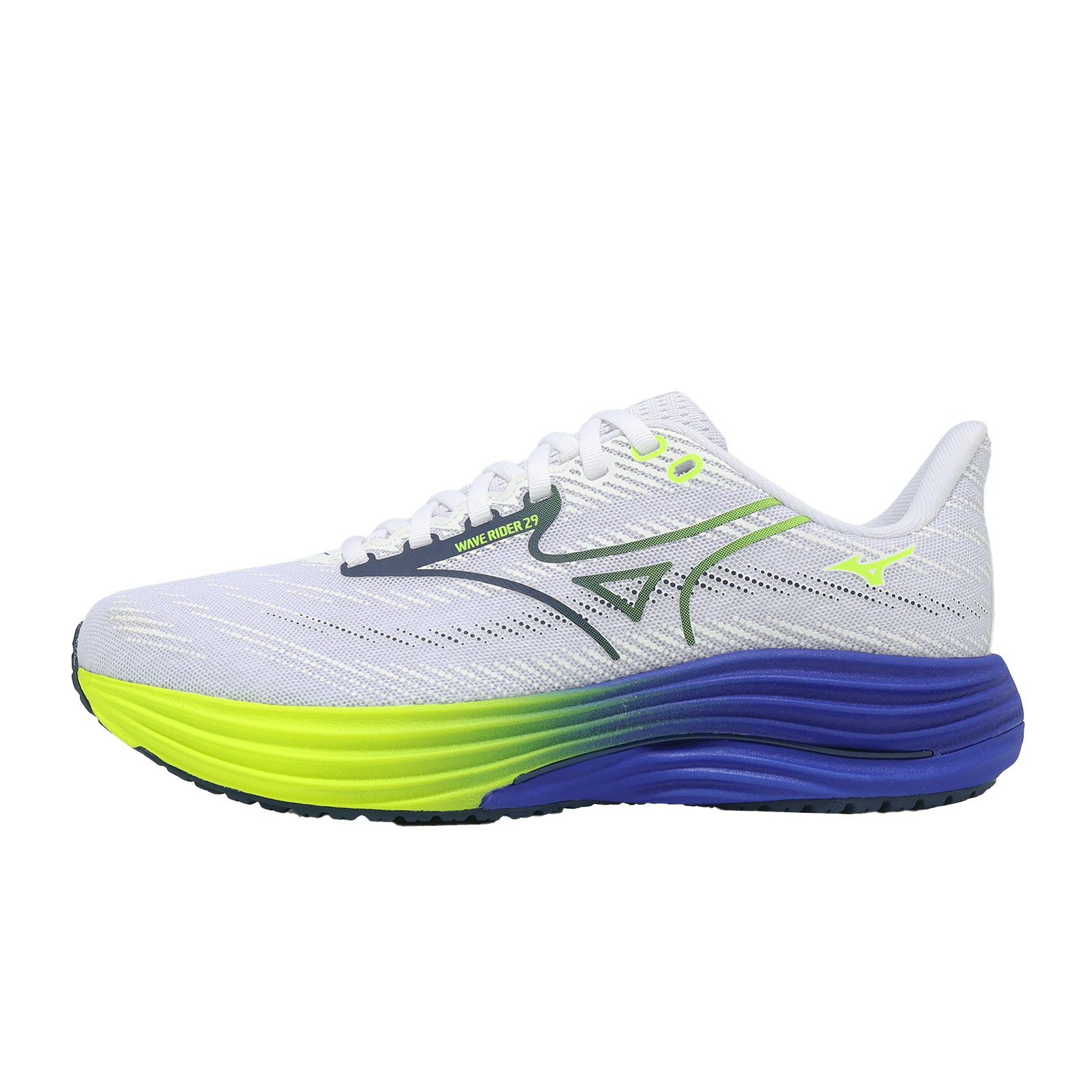 美生 ACS] Mizuno 美津濃慢跑鞋Wave Rider 29 超寬楦男鞋白藍波浪片緩震回彈