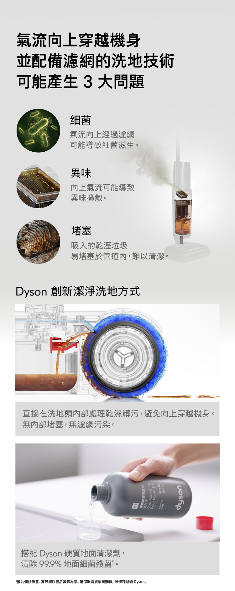 氣流向上穿越機身並配備濾網的洗地技術可能產生 3 大問題细菌氣流向上經過濾網可能導致細菌滋生。異味向上氣流可能導致異味擴散。堵塞吸入的乾溼垃圾易堵塞於管道內難以清潔。Dyson 創新潔淨洗地方式直接在洗地頭內部處理乾濕髒污,避免向上穿越機身。無內部堵塞,無濾網污染。搭配 Dyson 硬質地面清潔劑,清除 99.9 地面細菌殘留5。*圖片僅供示意, 實際請以產品實務為準。清潔劑需要單獨購買,詳情可諮詢 Dyson。% dyson