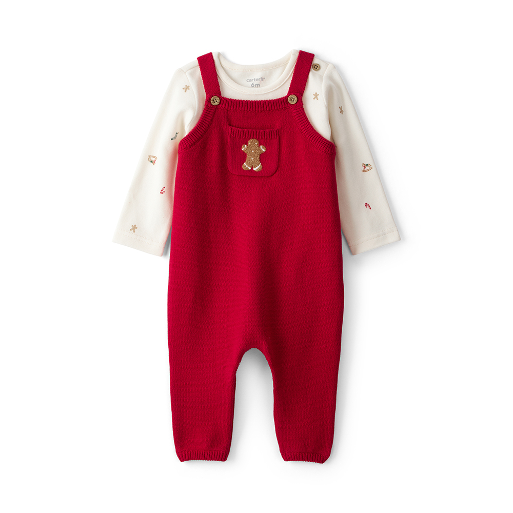 聖誕套裝, 聖誕薑餅人, 寶寶聖誕服, 吊帶褲套裝, 嬰兒節日穿搭, 聖誕拍照服, 節慶服, 新生兒禮物, 彌月禮物, 滿月禮物, 紅色吊帶褲, OEKO-TEX認證, 寶寶派對穿搭, 送同事寶寶, 送親友寶寶