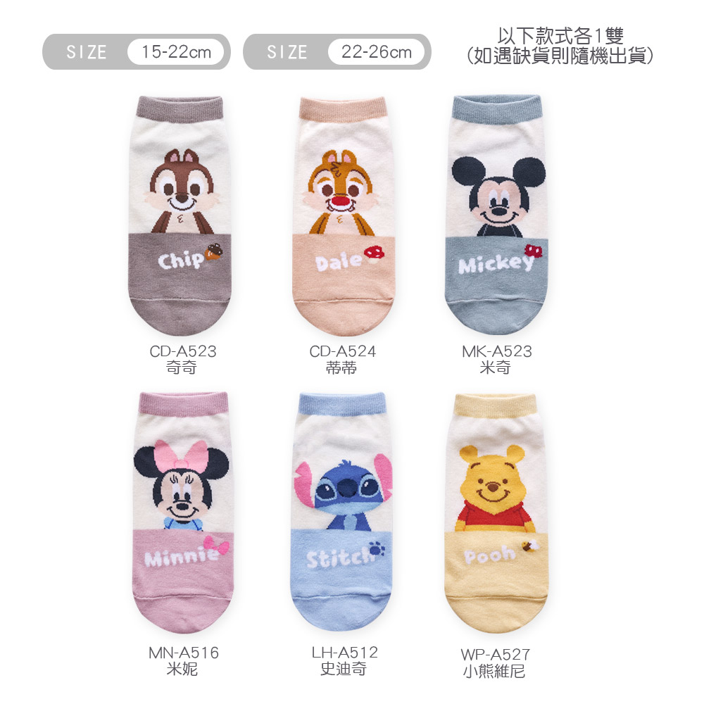 以下款式各1雙SIZE 15-22cmSIZE 22-26cm(如遇缺貨則隨機出貨)ChipDale MickeyCD-A523CD-A524奇奇蒂蒂MK-A523米奇MinniePoohMN-A516LH-A512WP-A527米妮史迪奇小熊維尼