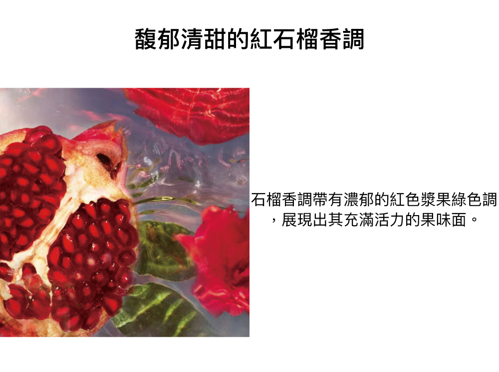 石榴香氣,果香,黑醋栗,絲柏,檸檬,佛手柑,白麝香,苔蘚,廣藿香,鼠尾草,玫瑰