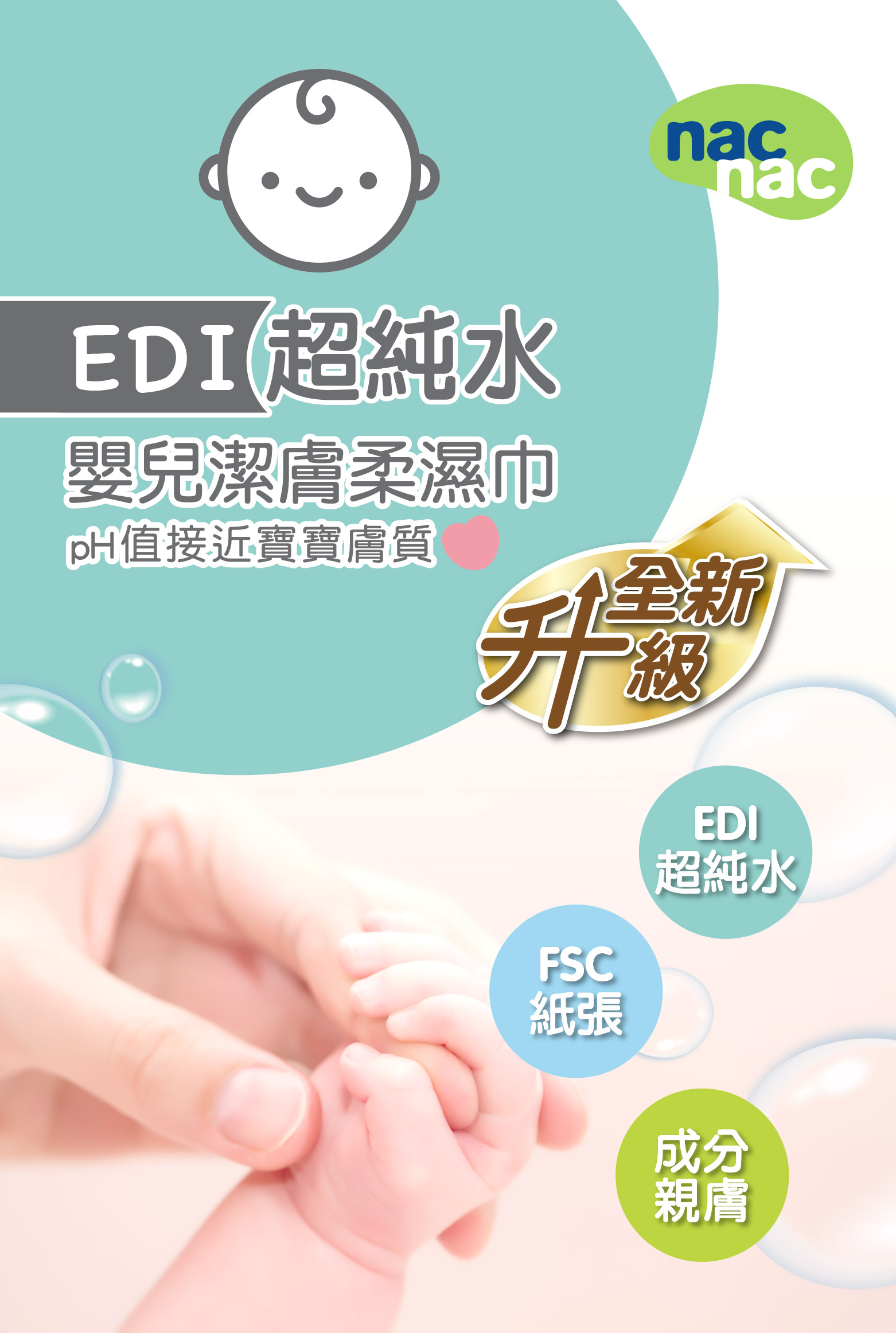 nac nac EDI嬰兒潔膚柔濕巾箱購組商品形象圖，畫面包含一箱24包附蓋濕巾與媽媽替寶寶擦拭的情境，並於畫面中強調敏感肌適用、EDI超純水、無酒精無刺激、好抽不連抽、台灣製造與SGS檢驗資訊。